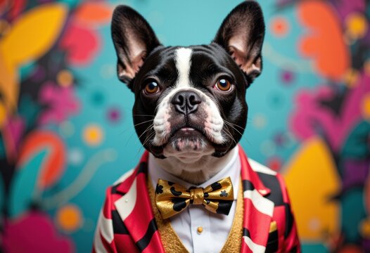Stylish Boston Terrier dog dressed in a tuxedo with a bow tie against a colorful graffiti background