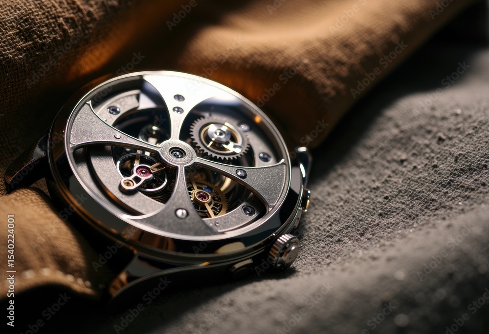 Poster close-up of a mechanical wristwatch with visible gears and intricate details