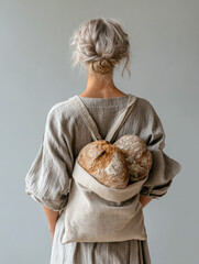 Homemade sourdough loaves in a rustic bag carried by a woman in a minimalist kitchen setting