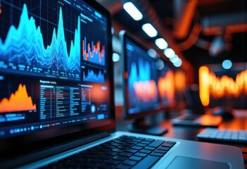 Business analytics and financial data displayed on multiple computer screens in a modern office