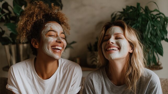 Two smiling women with facial masks enjoying a spa day with plants in the interior of the room on transparent background