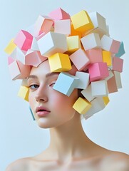 A girl with her head covered in pastel-colored paper cubes and soft textures
