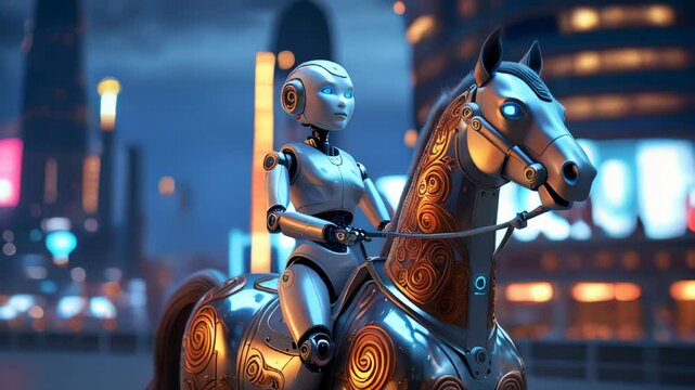 video olf A futuristic robot is riding a mechanical horse