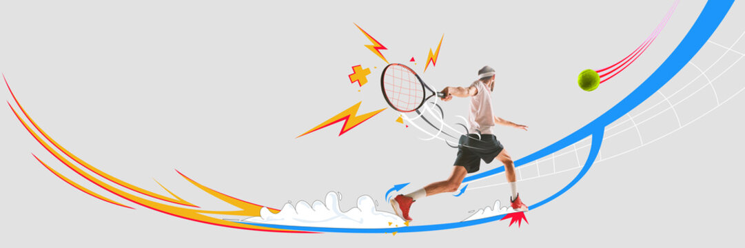 Energetic art collage of a male tennis athlete mid-swing, enhanced with graphic motion strokes, power effects, and abstract tennis ball trail. Concept of sports social media design - Powered by Adobe