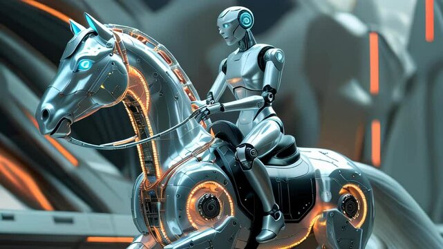 video olf A futuristic robot is riding a mechanical horse