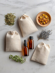 Linen texture flatlay with apothecary essentials and wildcrafted herbs for natural remedy preparation