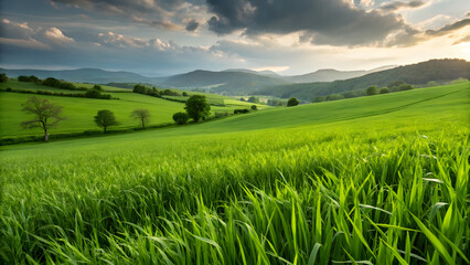 Obraz premium Rolling Green Hills and Lush Pastures Under Dramatic Sky at Sunset - Idyllic Countryside Landscape