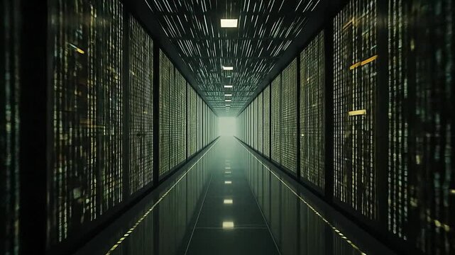 An endless corridor with digital walls covered in infinite downward streams of binary code