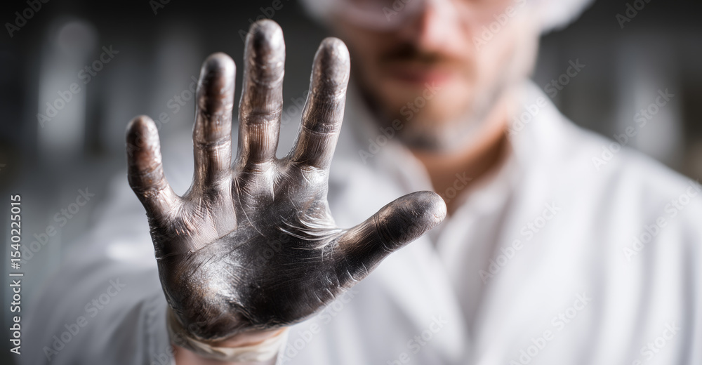 Poster A researcher demonstrates advanced properties of liquid metal with a unique metallic hand, showcasing the potential of shape memory alloys and transformation capabilities in modern materials science.