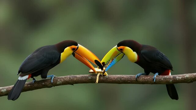 Two toucans eating on a branch