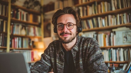 Fototapeta premium Man smiling with glasses and headphones in front of a bookcase with a laptop visible nearby on transparent background
