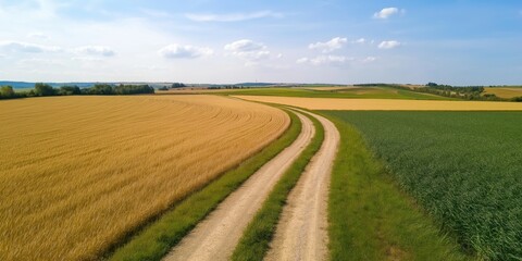Fototapeta premium Scenic rural landscape with dirt road, golden fields, and blue sky