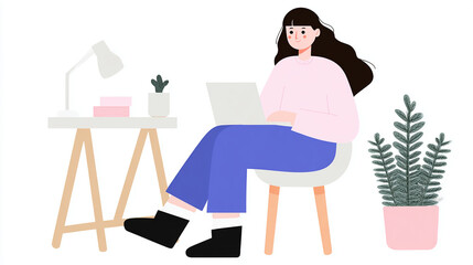 Young woman working comfortably on laptop at home with cozy interior and plants creating productive and relaxed remote work environment