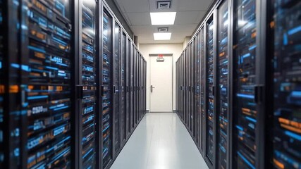 Binary data forming layers on modular panel wall in server room - Powered by Adobe