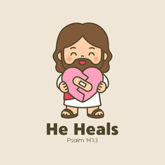 Happy Cartoon Jesus Holding a Heart with Bandage Representing He Heals