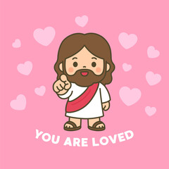 Cute Jesus Surrounded by Pink Hearts Pointing with You Are Loved Message