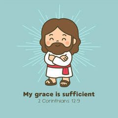 Confident Cartoon Jesus with Folded Arms and Grace Is Sufficient Quote