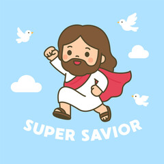 Cartoon Super Savior Jesus Flying with Cape and Doves on Blue Sky
