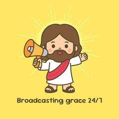 Cartoon Jesus with Megaphone on Yellow Background Broadcasting Grace 24/7