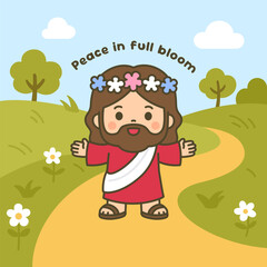 Peaceful Cartoon Jesus Wearing Flower Crown in Blooming Meadow Path