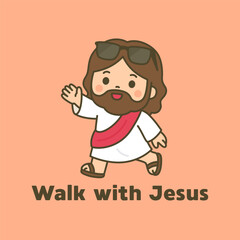 Casual Cartoon Jesus Wearing Sunglasses Waving with Walk with Jesus Phrase