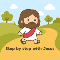 Cartoon Jesus Walking Step by Step on a Path through the Countryside