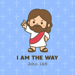 Chibi Jesus with Raised Finger and Blue Background Declaring I Am The Way Verse