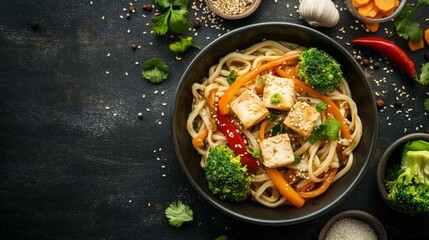 Udon noodles served with tofu, broccoli, carrots, bell pepper, and sesame seeds. Background features a modern kitchen table with scattered ingredients.