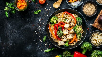 Udon noodles served with tofu, broccoli, carrots, bell pepper, and sesame seeds. Background features a modern kitchen table with scattered ingredients.