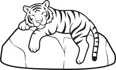 Simple line art of a cute tiger cub sleeping on a rock