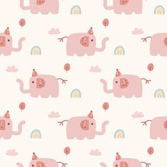 Elephant pink cartoon so cute. On rainbow tree cloud background. Pattern seamless vector illustration. 