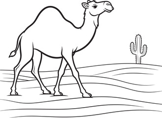 Fototapeta premium Black and white camel standing in desert with cactus illustration