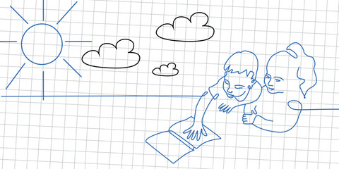 Continuous one line drawing with boy and girl reading open books. Vector single line illustration of children reading book on a notebook background