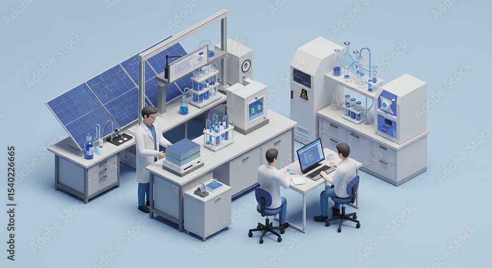 Poster laboratory with scientists and solar panel setup in voxel art style