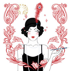 Vector illustration of a glamorous 1920s flapper girl in Art Deco style, with red feather and elegant silhouette. Perfect for vintage party invites, jazz events, themed weddings, or retro decor.