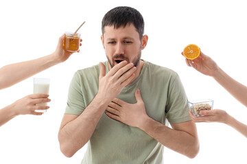 Sick young man and female hands with products on white background. Food Allergy Awareness Month