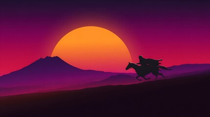 Rider on Horseback against Sunset Landscape