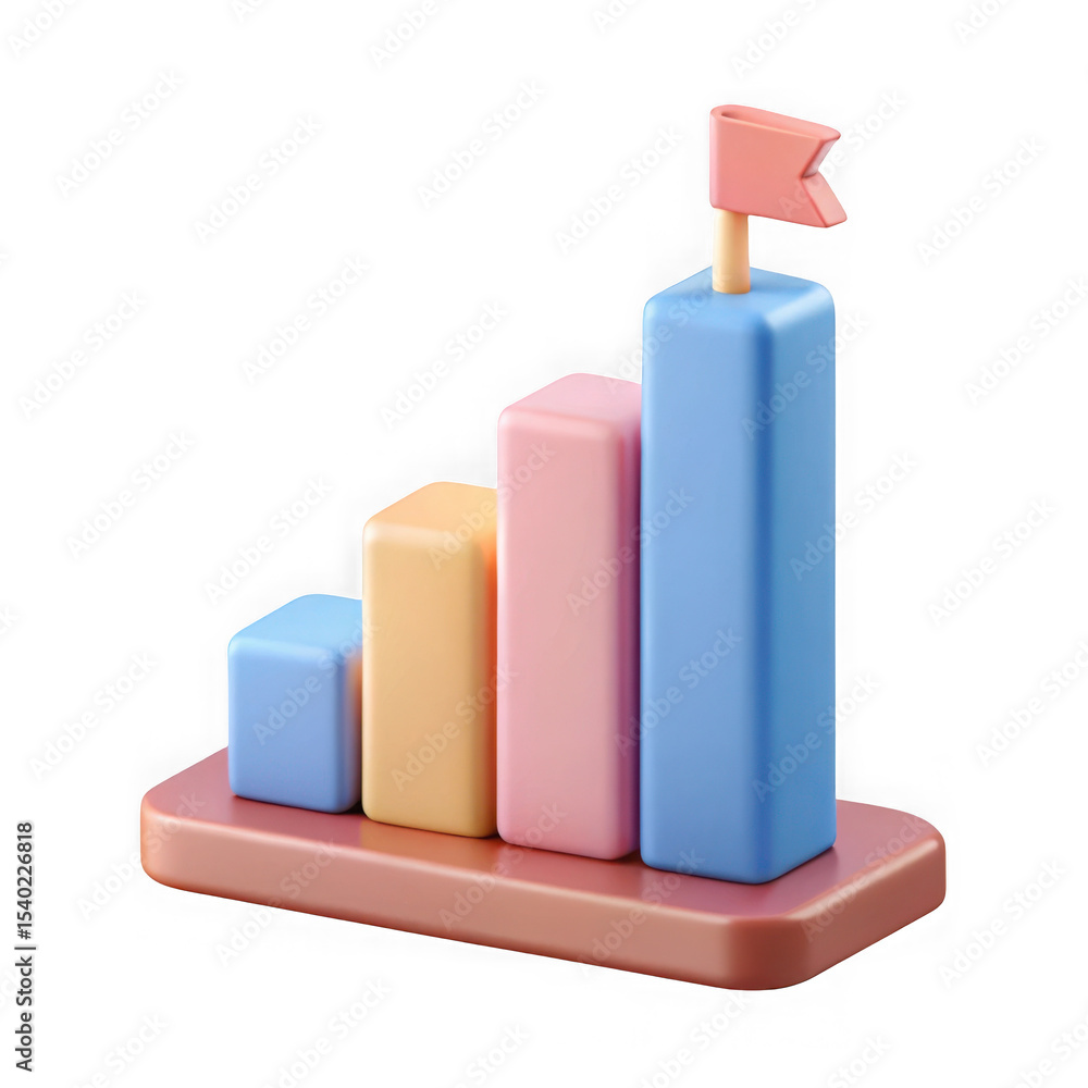 Poster 3d pastel bar graph with flag success icon isolated on transparent background