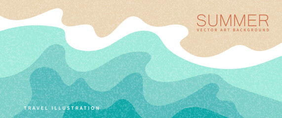 Abstract summer horizontal vector background with blue sea waves,  beach sand and vector texture for cover, flyer, poster, banner, social media, ads. Vacation travel illustration. Promo ads template.