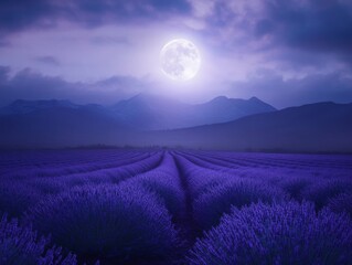 Serene lavender field under full moon night with mountainous horizon