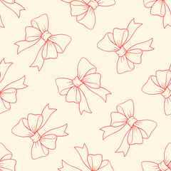 Red hand drawn line ribbon bows on beige background. Vector seamless pattern.