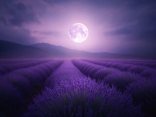 Enchanting full moon over lavender field landscape for tranquil nature design