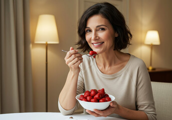 Woman Indulging in delicious strawberries for dessert