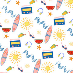 Pattern con icone mare colorate isolate, surf, radio, cuffie, cocomero, stella marina, onde, bibita