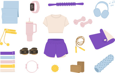Set of different sports equipment. Cute hand drawn fitness collection. Dumbbells, skipping rope, fitness elastic bands, yoga mat, massage ball, roller. Home workouts. Healthy lifestyle concept.