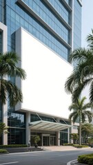 Modern glass building with palm trees and a covered entrance