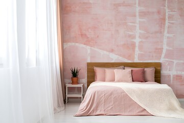 Bedroom interior design ideas with pink wall and cozy bed for modern home decor inspiration trend