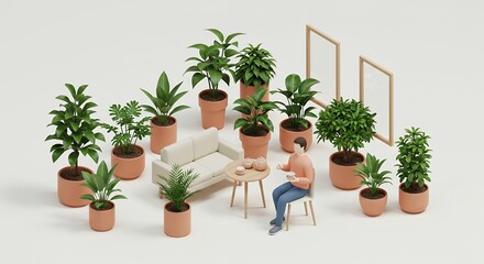 Pixel Art Tranquil Indoor Garden Scene with Person at Table and Minimalist Design