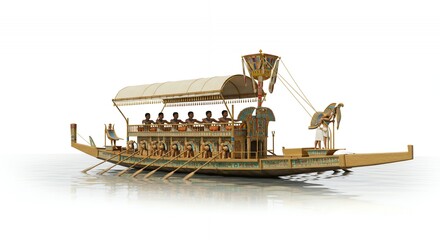 Pixelated Ancient Egyptian Barge Floating on Water With Gold and Brown Color Palette