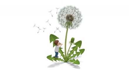 Pixelated Boy Blowing Dandelion Seeds on White Background A Whimsical Illustration of Nature and Childhood Dreams
